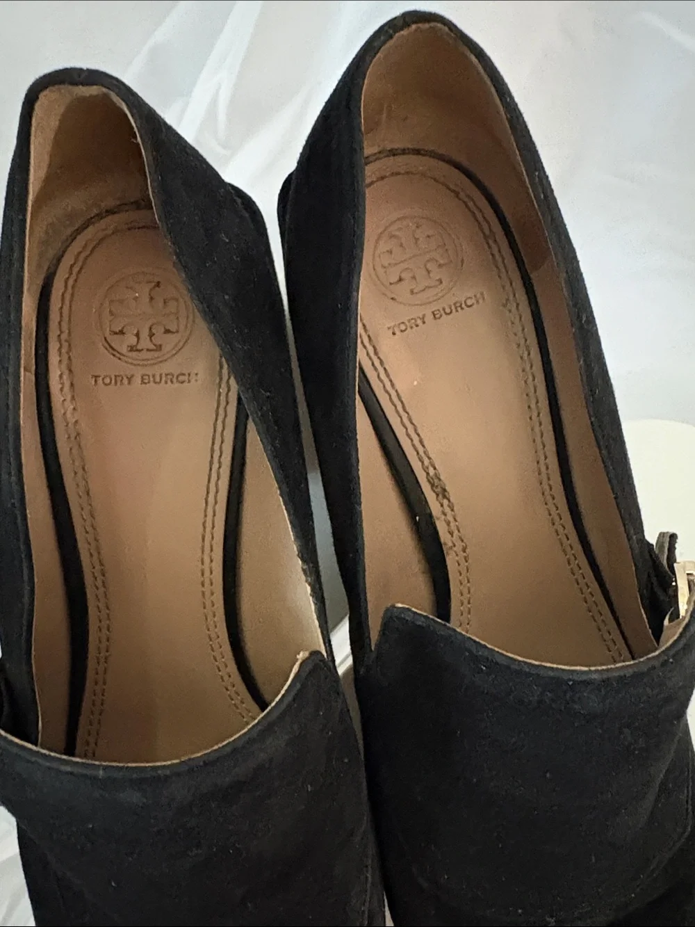 Tory Burch Black Suede Slip-On Loafers with Gold-Tone Buckle